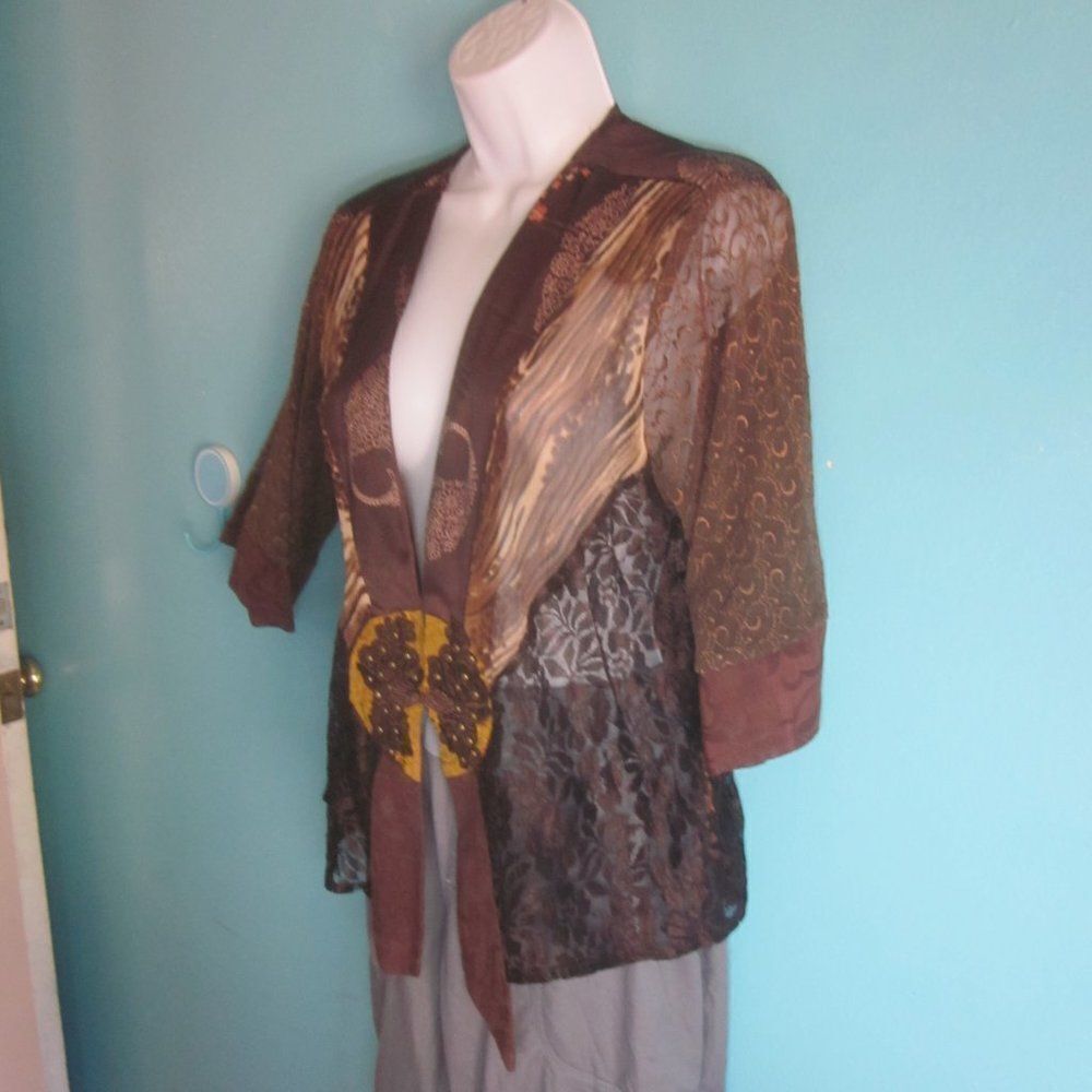 Zashi Kimono Inspired Layering Top Cardigan Womens Size M 3/4 Sleeve One Button
